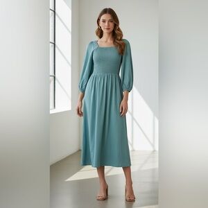 Smocked Bodice Long Sleeve Maxi Dress in Seafoam